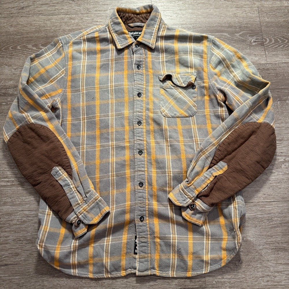 Betabrand Shirt Mens M Gray Cotton Plaid Elbow Patch Gorpcore Cabin‎ Outdoorsy
